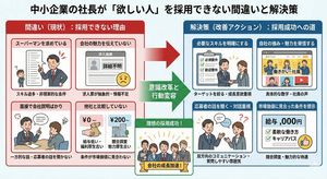 Create an infographic illustrating the situation of a company president who is struggling with hiring.

Author: 濱崎賢太郎｜AI×採用で人手不足ゼロに
Sourc...