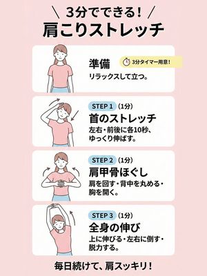 Please create an illustration-style diagram about “A shoulder-stretch routine you can do in 3 minutes.” Use minimal illustrations, with a...