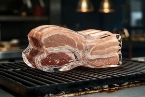 A hyperrealistic photo of glass-made samgyeopsal placed on a grill.

Author: 릴리안.D
Source: https://x.com/lillianndad/status/1992127585120...