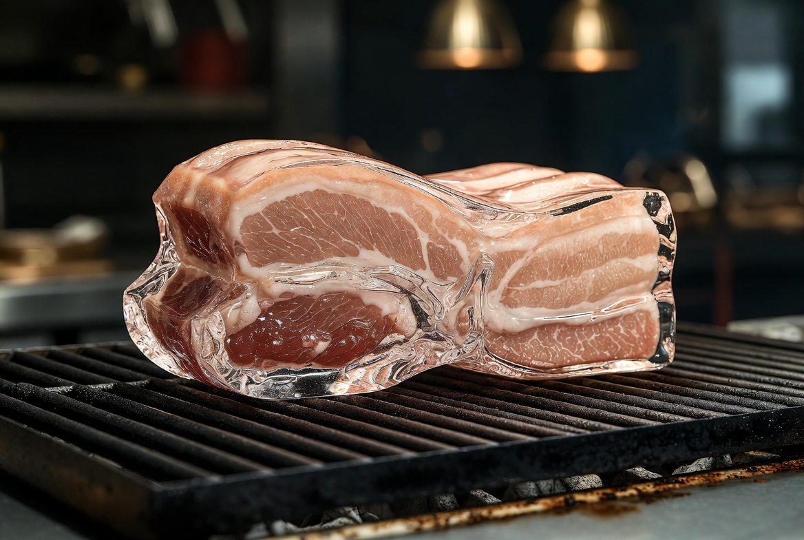 Hyperrealistic glass pork belly on a grill - Image 1