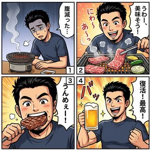 Please create a color comic in which this character eats yakiniku (grilled meat) and becomes energized. The story is up to you. Number ea...