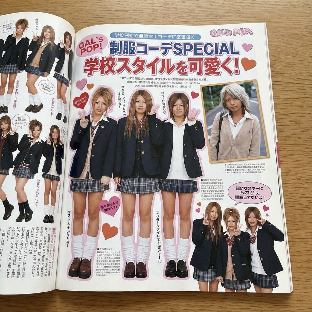 Japanese gyaru magazine spread on school uniforms - Image 1