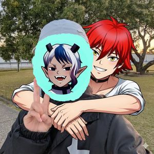 Generate a scene where the character from the second image is hugging the person in the first photo from behind, wrapping their arms arou...