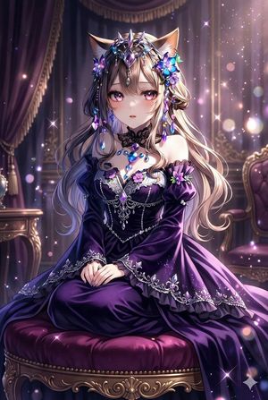Based on this image, can you generate a digital illustration, leaning toward anime style, of this person wearing a beautiful dress, sitti...