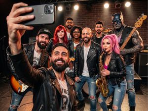make a rock band poster with these people. Keep faces consistent. Add "The AI Syndicate" name of the band.

Author: Kris Kashtanova
Sourc...