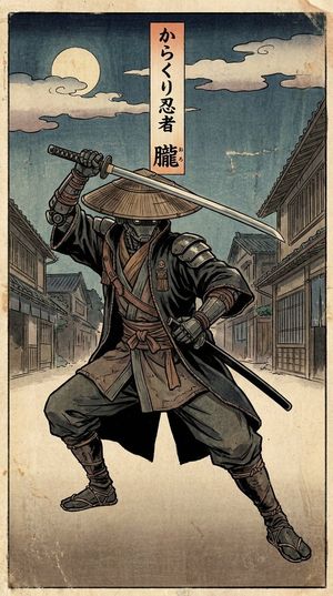 An image of a woodblock print, in the style of the Edo period, showing a character striking a bold, cool pose, with the title "Karakuri N...