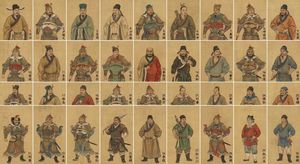 Generate an image of the top 30 characters from "Water Margin" in a grid format, in the style of Chinese gongbi painting, with each chara...
