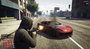 Create a picture of GTA 5 online where a person is shooting a car

Author: Apple Lamps
Source: https://x.com/lamps_apple/status/199211149...