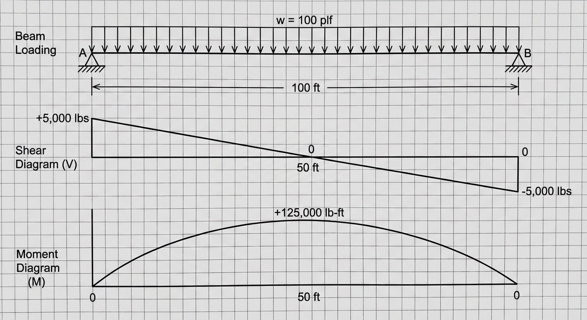 Shear and moment diagram for a loaded beam - Image 1
