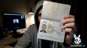 Make the character in the image hold their passport while sitting in front of a computer, showing the ID clearly to the camera to prove t...