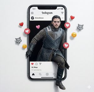 Trompe l'oeil illusion of A (subject) (attire) steps out of a large screen displaying xyz social media interface. The screen shows the us...