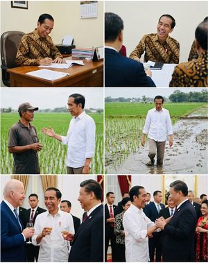 Generate a series of six candid, documentary-style photos of this Indonesian president in office, in the rice fields, and partying with o...