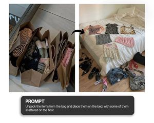 Unpack the items from the bag and place them on the bed withe some of them scattered on the floor

Author: Jin.B
Source: https://x.com/op...