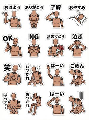 Using this standing doll character, create an index image showing 4x3 = 12 different LINE stickers. Each sticker should have a very stand...