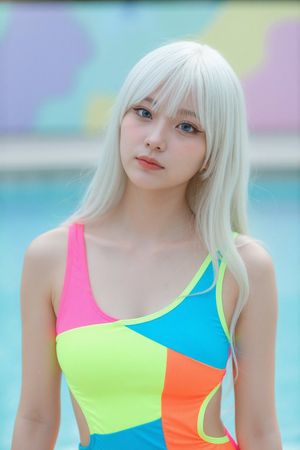Change the one-piece swimsuit to a bikini and add high heels while keeping the same style and background.

Author: eijo
Source: https://x...