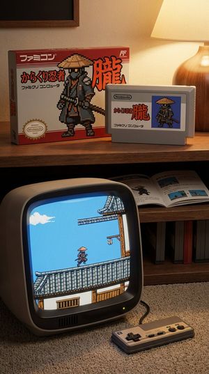 Create the Famicom game box, cartridge, and manual for the game "Karakuri Ninja Oboro," whose protagonist is the character in the image, ...