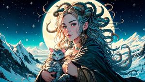 Move the moon that is painted in the background of the woman to the left side from the viewer’s perspective. Change the painting style to...