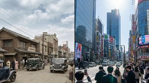 Generate a single photorealistic 16:9 image and split its composition into left and right halves. On each side, depict the same place,
[L...