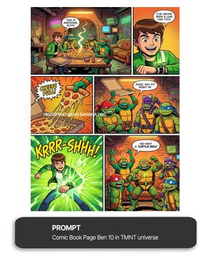 A full comic page bringing Ben 10 into the TMNT universe, expressive panels, clean linework, and vibrant colours that feel straight out o...