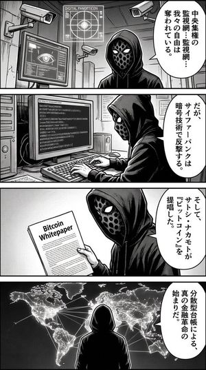 Create a Japanese four-panel manga in which the character from the reference image explains the origins of Bitcoin from a cypherpunk pers...