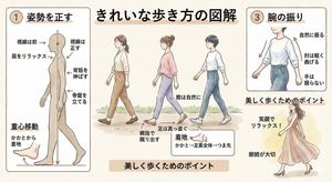 Create a diagram showing how to walk beautifully.

Author: はなりん＠主婦ゲーマー
Source: https://x.com/hanarinblog/status/1992035551168667738
