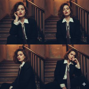 {
  "image_description": {
    "overall_composition": "A moody, cinematic 2x2 collage featuring the same young woman",
    "subject": {
 ...