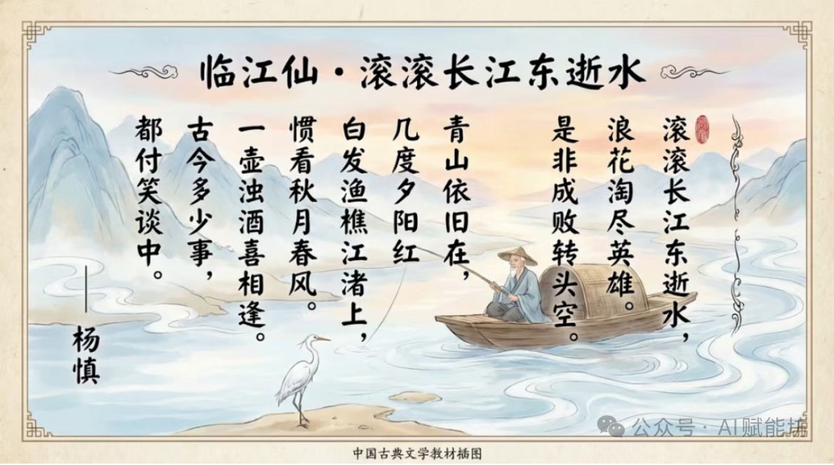Textbook-style illustration for the poem “Linjiangxian” - Image 1