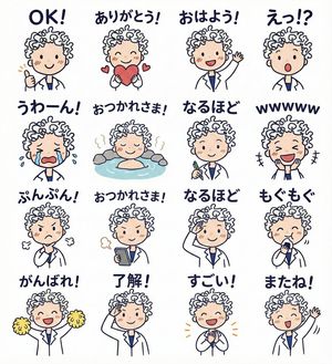 Turn the illustration in the attached image into a character. Create LINE stickers with 16 variations, differing in expressions, poses, a...