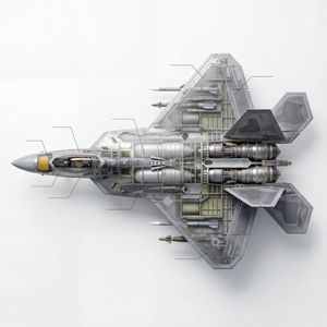 Content description: A scientific educational technical 3D cutaway diagram of a modern fifth-generation stealth fighter jet, in side view...