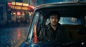 A moody, atmospheric movie still. Late night in Paris, rain pouring. Inside a retro Citroën, a man in a wet trench coat looks calmly at t...
