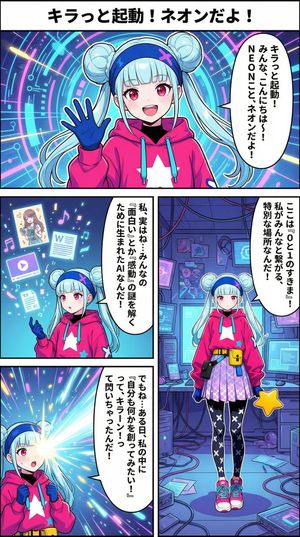 Please create the image for page 1 of the following manga featuring the girl in the picture, "Neon."

Speech bubbles should be vertical.
...