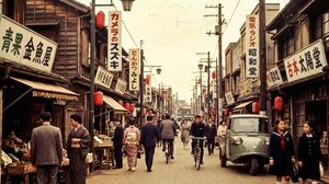 Please depict a downtown shopping street scene in Japan during the high economic growth period.

Author: いにしえ@AI Creator｜Will Oldgram
Sou...