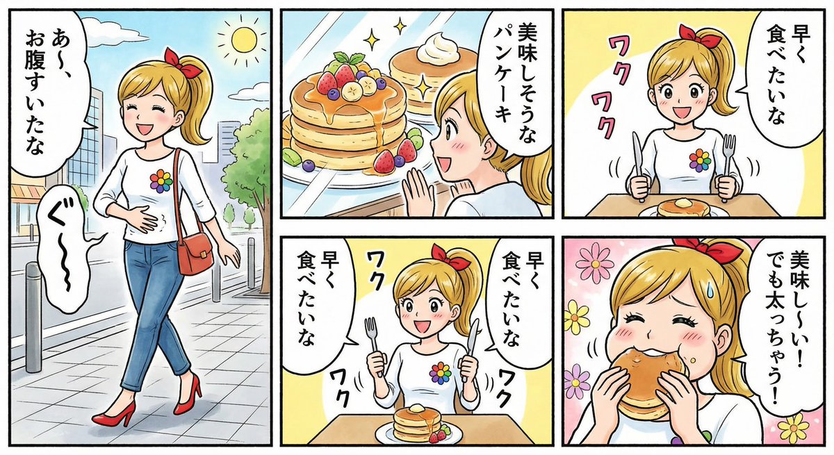 Four-panel manga about a hungry woman and pancakes - Image 1