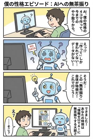 From all our past interactions so far, pick an episode that really represents my personality and turn it into a 4-panel manga. Create tha...