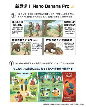 Please create illustrations that show the procedures for protecting yourself from bears. The people appearing in the illustrations should...