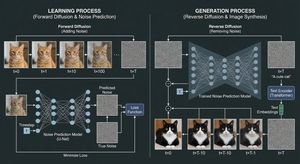 Using a cat image and noise images, create a diagram explaining the image generation process of a diffusion model. In the training proces...