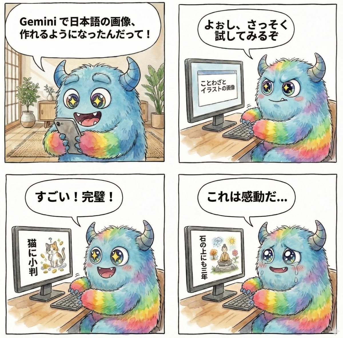 4-panel manga about Gemini generating Japanese text images - Image 1