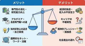 Generate an image that explains the advantages and disadvantages of entering a doctoral course (D-course) in a diagram.

Author: Seitaro ...