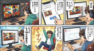Please create a 5-panel manga.
Show a YouTube thumbnail creator making a thumbnail in Photoshop, delivering it to the client, and then, a...