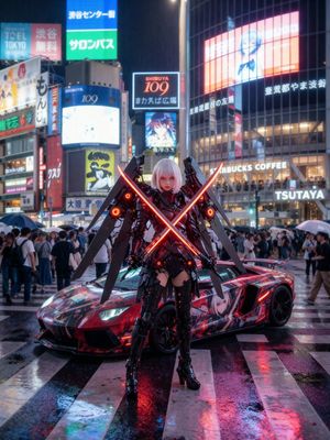 Generate a powerful, impactful photo where a cosplayer of the character in the provided image is standing at the center of Shibuya Scramb...