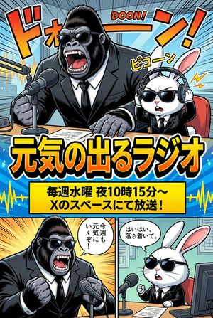 Use the attached images of the gorilla and the rabbit. Create an advertisement manga for the radio program “Genki no Deru Radio,” where t...