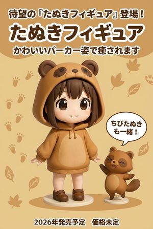 An advertisement for the figure in this image. The text must be in Japanese. The product name is “Tanu Figure.” For now, a small raccoon ...