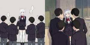 A girl who looks troubled as she is being talked to by three male students and is being driven back against a wall.

Author: ちむ×AI漫画@ニーハイ...