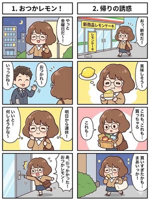 Create four pages of four-panel manga. Give each four-panel strip its own punchline, and arrange them so that each image contains two fou...