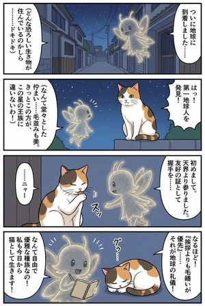 Draw a four-panel manga in which a fairy comes down from the heavens to Earth. Because the first being it meets is a calico cat, it think...