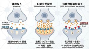 I want an illustrated diagram explaining the roles of dopamine and D2 receptors in the synaptic cleft between neurons, and how they relat...