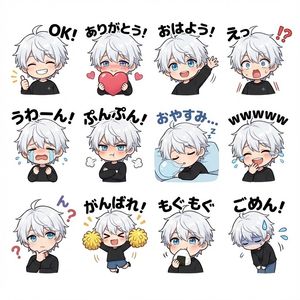 Turn the character in the attached image into a chibi character. Create LINE stickers, with different expressions, poses, and speech bubb...