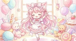 Generate an illustration of a cute cat-eared girl. Make her in a chibi style, wearing frilly clothes, with long pink hair.

Author: Mikag...