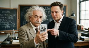 Albert Einstein, with messy hair, stares at a smartphone in confusion, trying to take a selfie. Elon Musk stands next to him, patiently p...