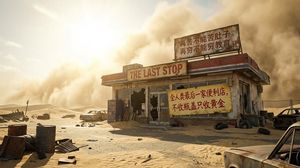 A wide-angle shot of a desolate wasteland, with a shabby but still operating convenience store standing in the middle of the desert. The ...
